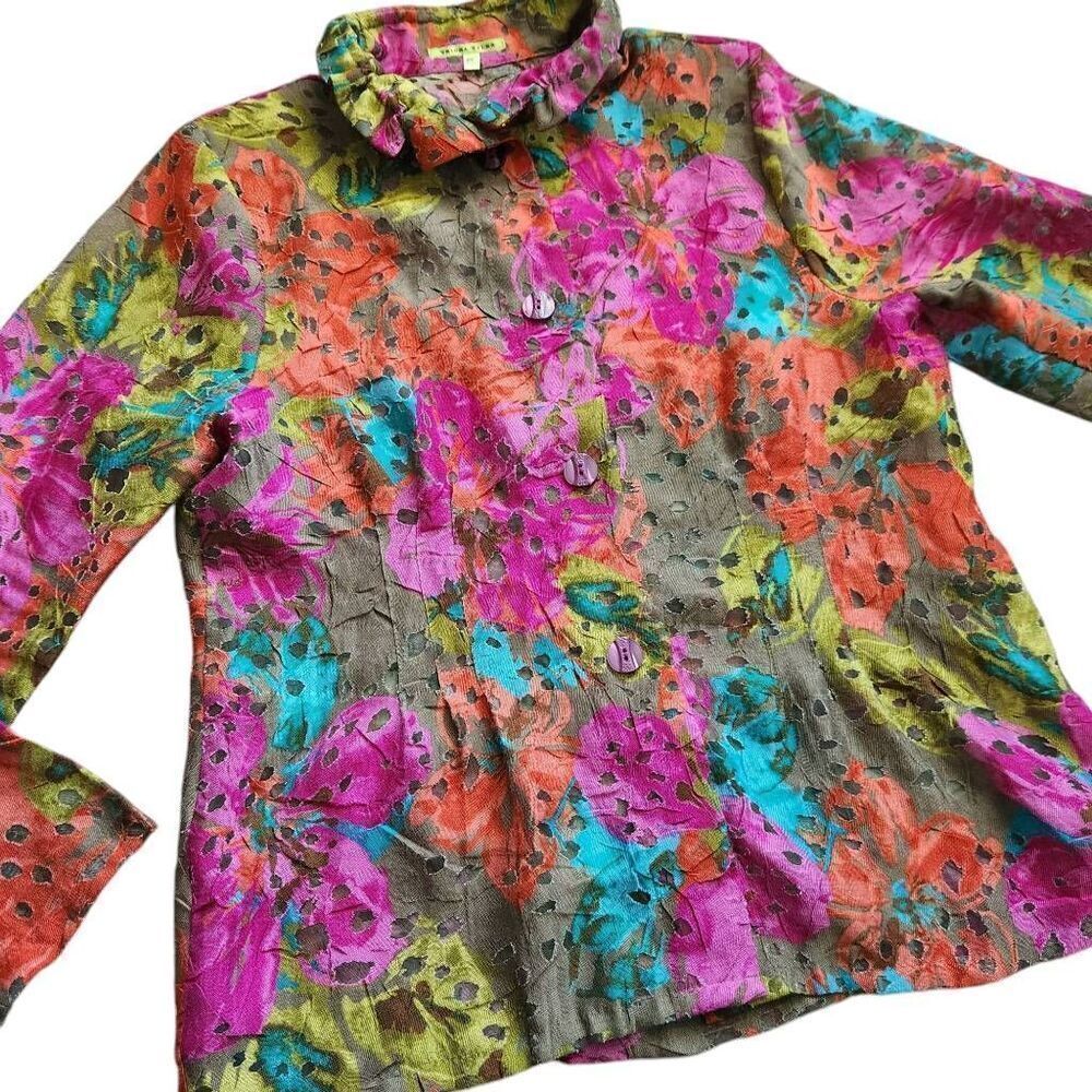 Trisha Tyler Blouse Top Womens Large Petite Floral Button Front Sheet Careerwear
